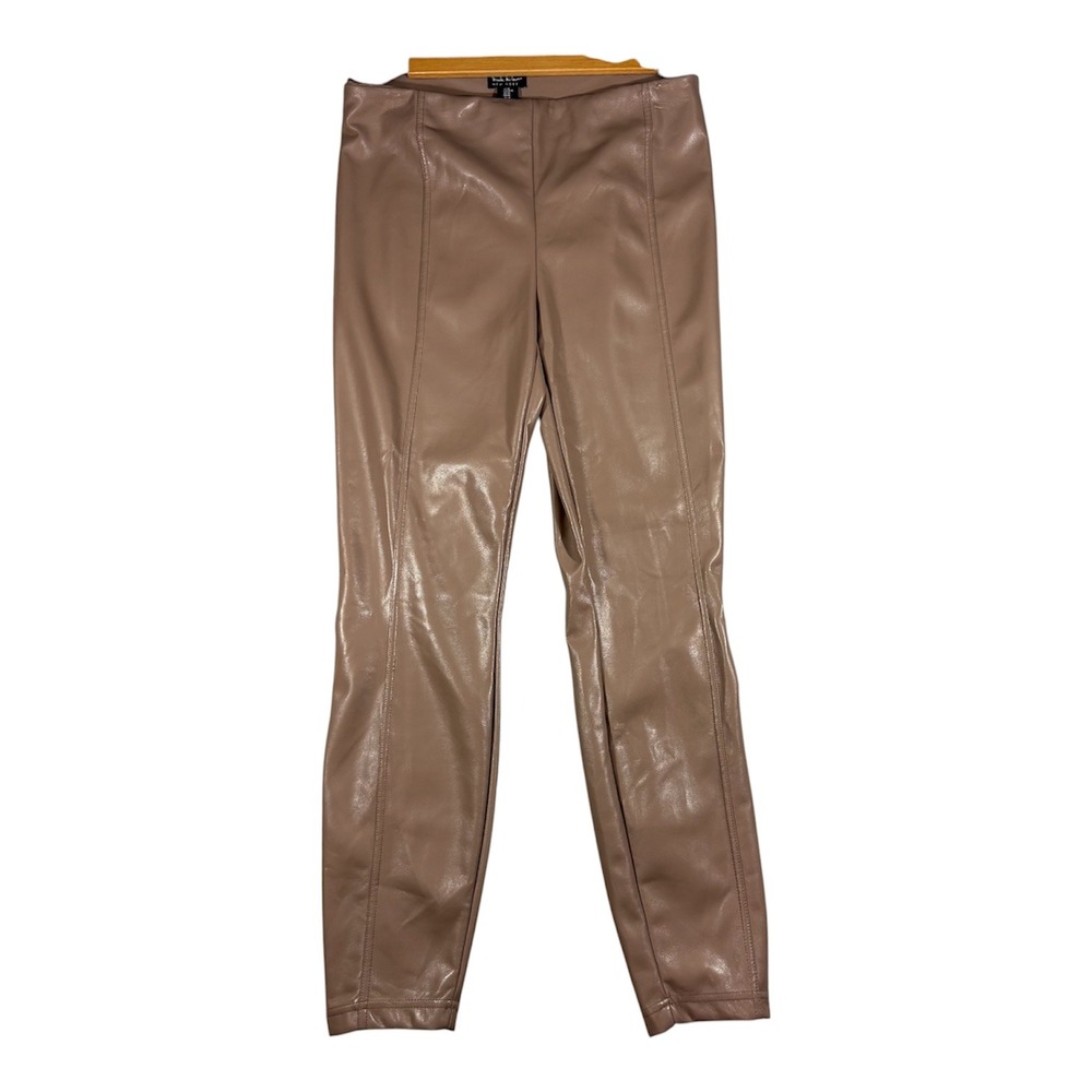 Nicole Miller Faux Leather Leggings Womens Medium Taupe High Rise Seamed Pants